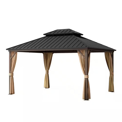 12 Ft. X 14 Ft. Aluminum Outdoor Gazebo with Double Galvanized Steel Roof, Mosquito Netting and Curtains