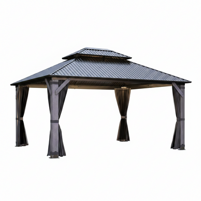 Wood Gazebo Built for Outdoor Gatherings, Cedar Frame, Steel Double Roof, Netting and Curtains, 12x14 ft