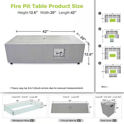 42 In. 50,000 BTU Rectangle Fire Pit Table in Gray Outdoor Propane Gas Fire Pit Table with LED Light