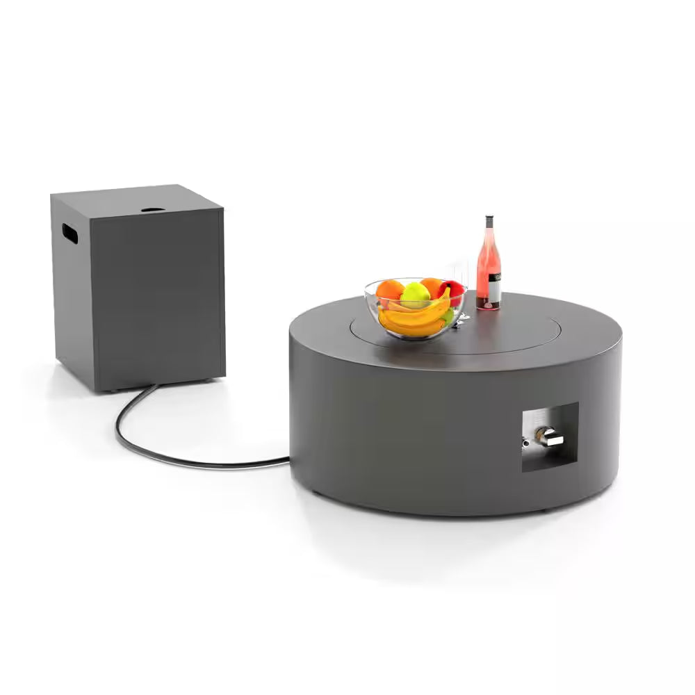 30 In. round Propane Fire Pit Table 50,000 BTU Gray Outdoor Fire Table with Lid, Rocks and Cover-Backyard Fire Pit