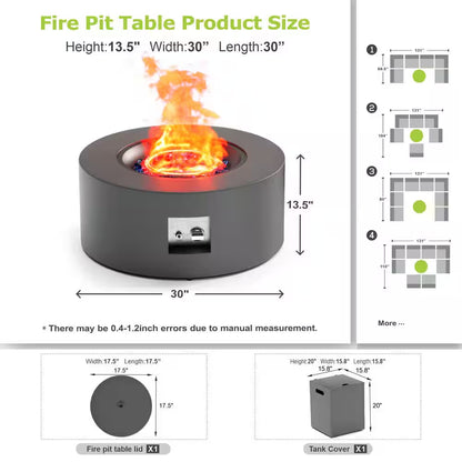 30 In. round Propane Fire Pit Table 50,000 BTU Gray Outdoor Fire Table with Lid, Rocks and Cover-Backyard Fire Pit