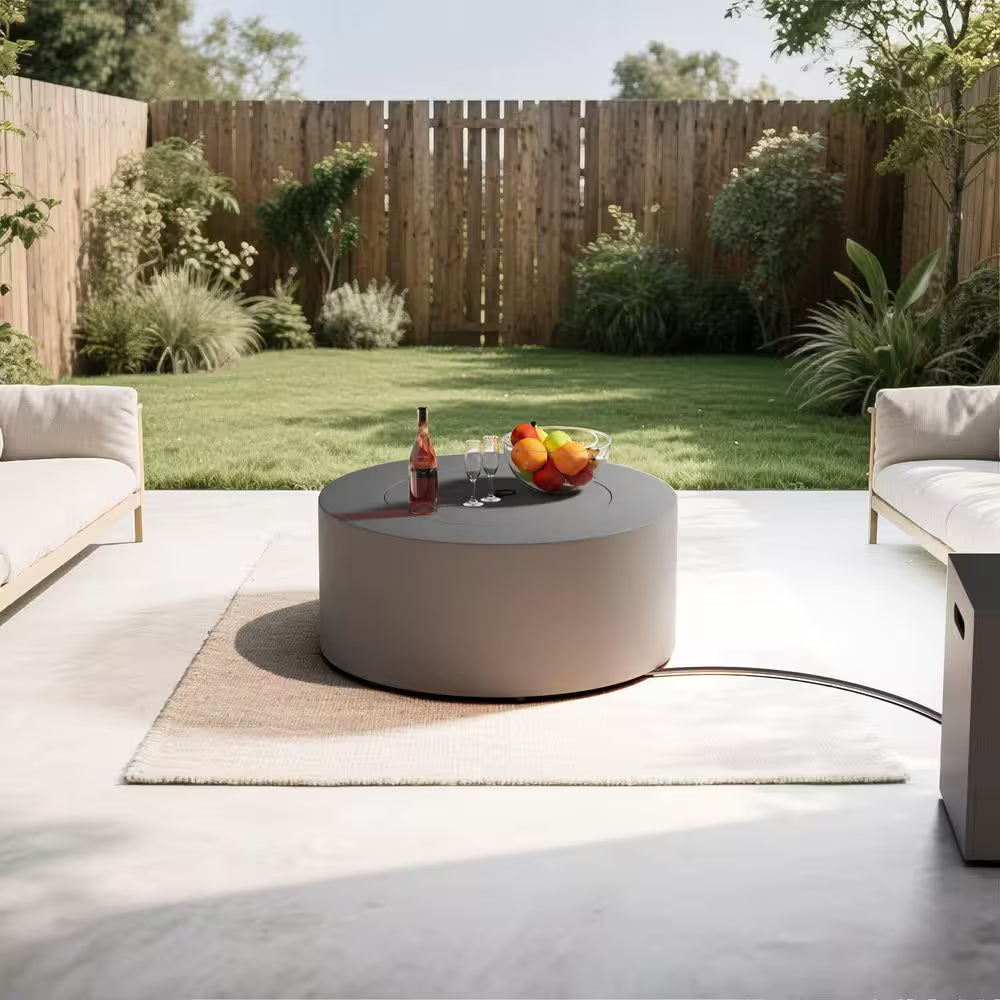 30 In. round Propane Fire Pit Table 50,000 BTU Gray Outdoor Fire Table with Lid, Rocks and Cover-Backyard Fire Pit