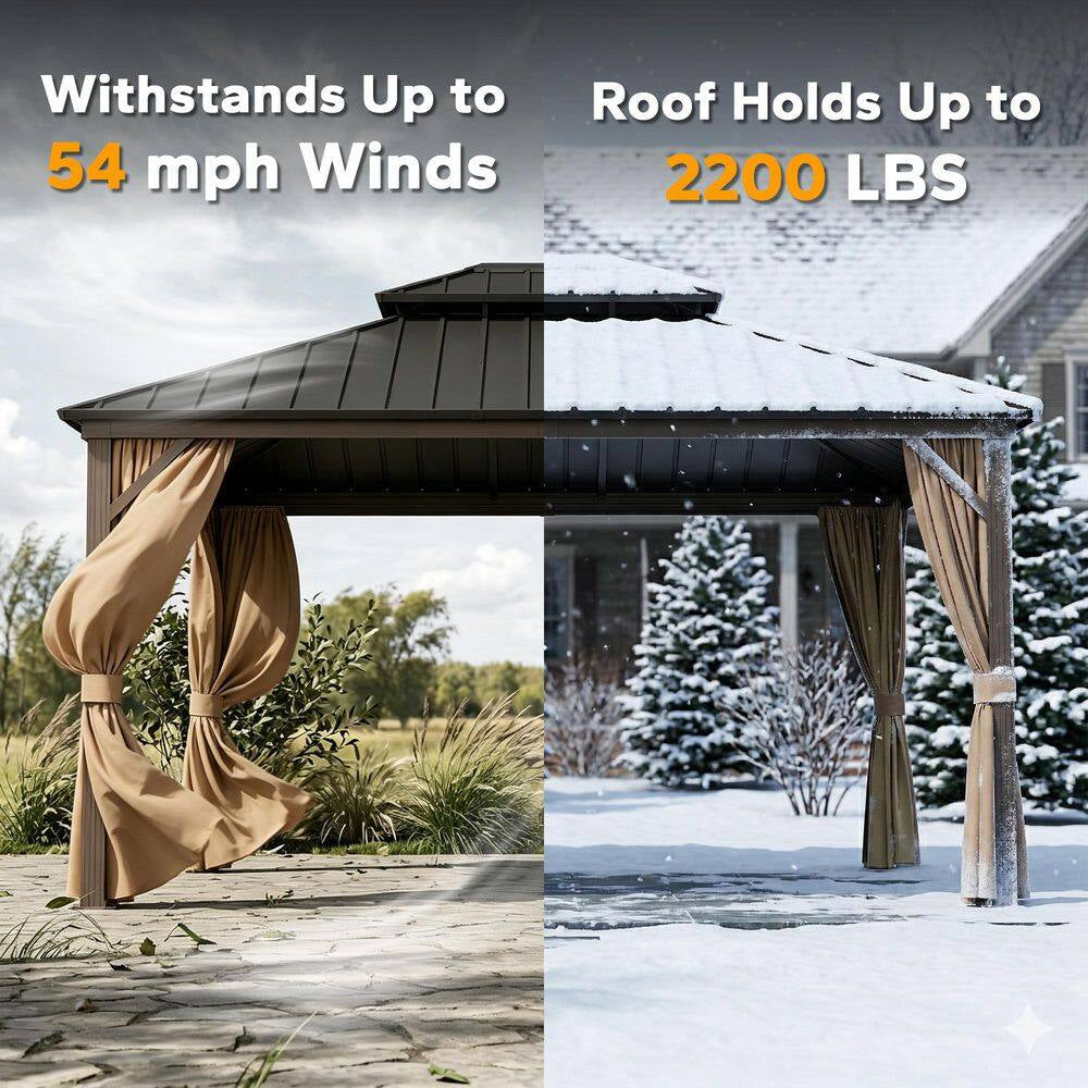 12 Ft. X 14 Ft. Aluminum Outdoor Gazebo with Double Galvanized Steel Roof, Mosquito Netting and Curtains