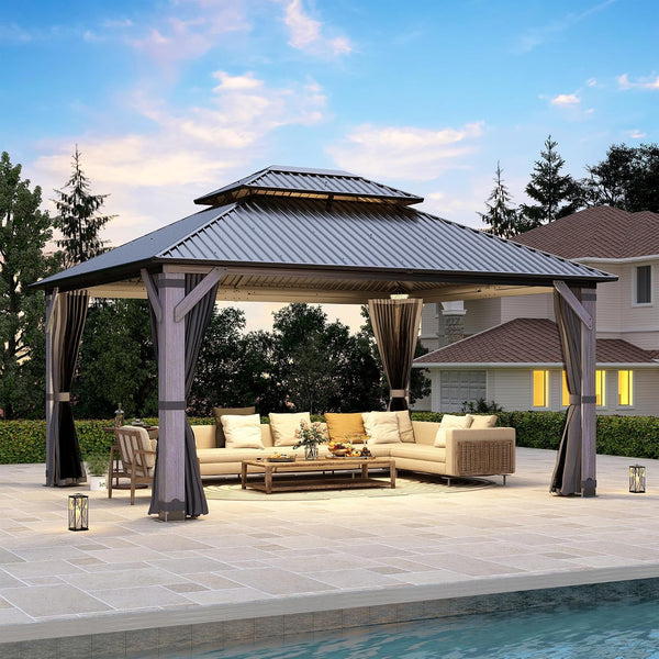 Wood Gazebo Built for Outdoor Gatherings, Cedar Frame, Steel Double Roof, Netting and Curtains, 12x14 ft