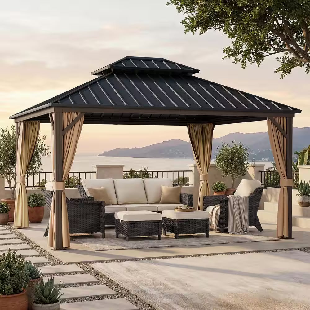 12 Ft. X 14 Ft. Aluminum Outdoor Gazebo with Double Galvanized Steel Roof, Mosquito Netting and Curtains