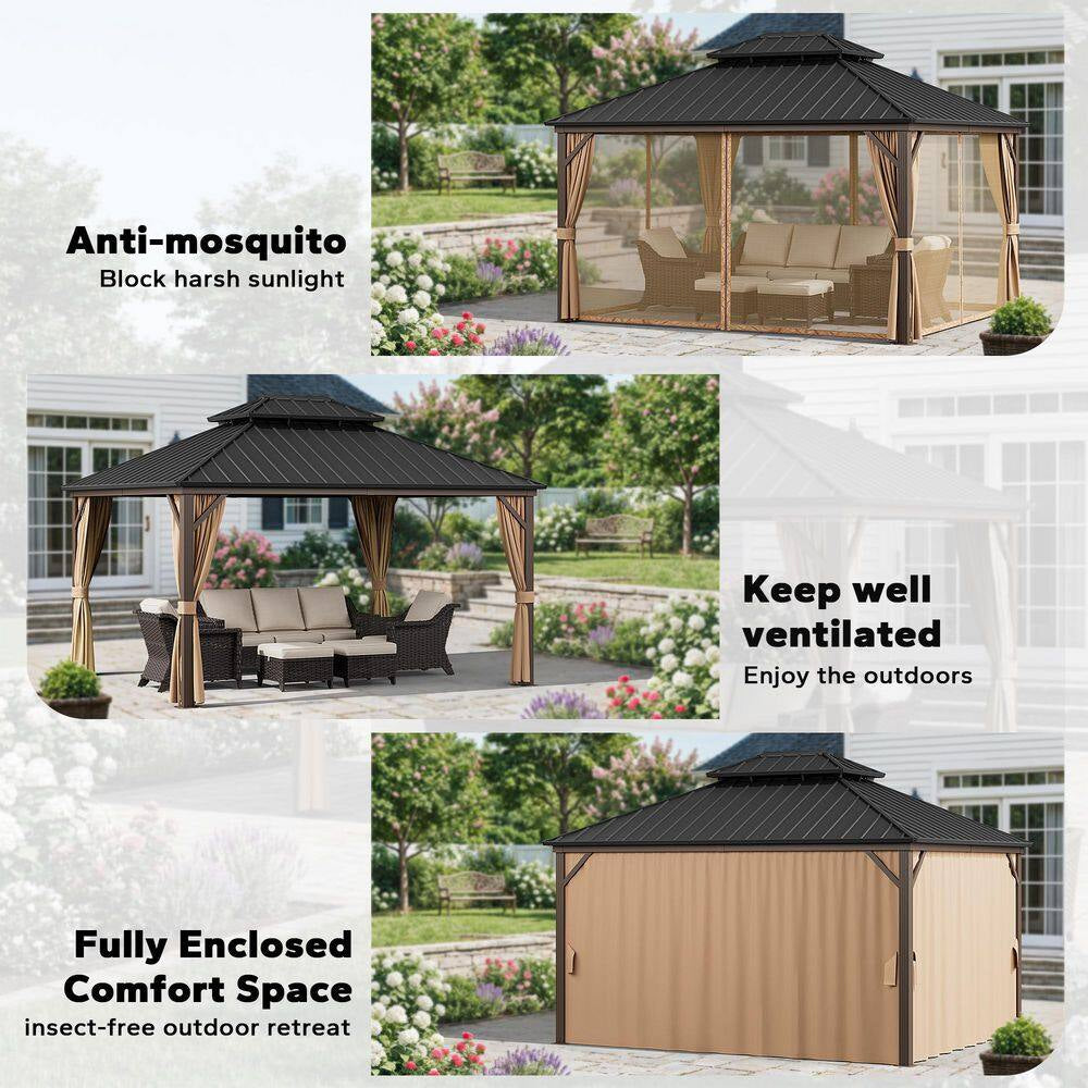 12 Ft. X 14 Ft. Aluminum Outdoor Gazebo with Double Galvanized Steel Roof, Mosquito Netting and Curtains
