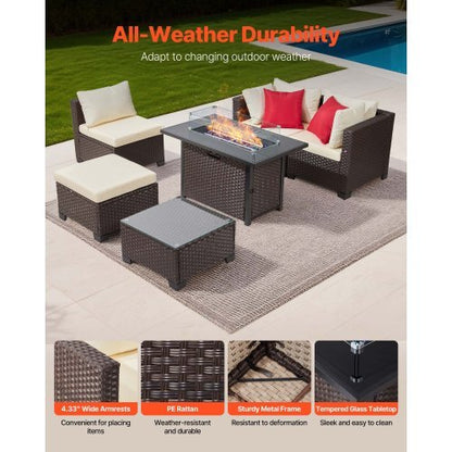 6-Piece Outdoor Patio Furniture Set, Wicker Rattan Outdoor Sectional Conversation Set with 50000BTU Propane Fire Pit Table, Cushioned Sofas, Coffee Table & Ottoman for Patio Garden Backyard