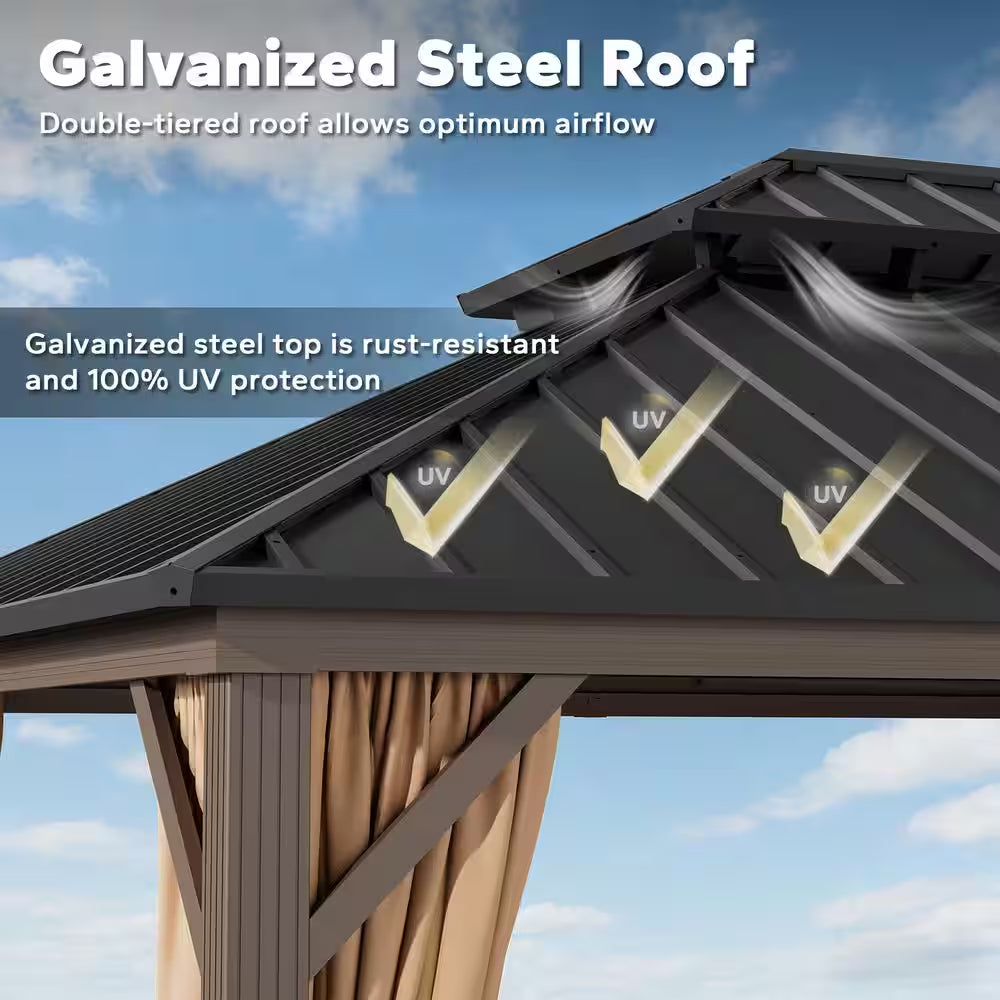 12 Ft. X 14 Ft. Aluminum Outdoor Gazebo with Double Galvanized Steel Roof, Mosquito Netting and Curtains