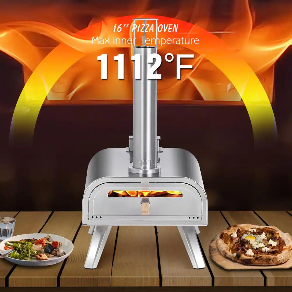 16 In. Wood Pellet Pizza Oven in Stainless Steel, Portable Outdoor Pizza Grill