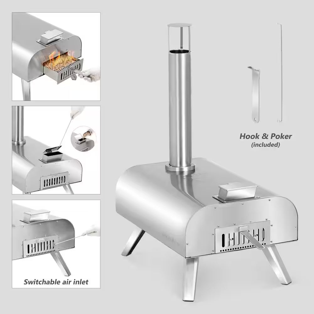 16 In. Wood Pellet Pizza Oven in Stainless Steel, Portable Outdoor Pizza Grill