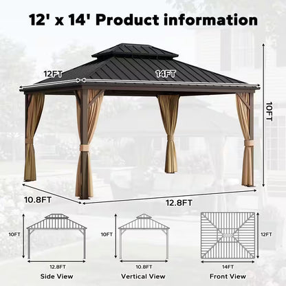 12 Ft. X 14 Ft. Aluminum Outdoor Gazebo with Double Galvanized Steel Roof, Mosquito Netting and Curtains