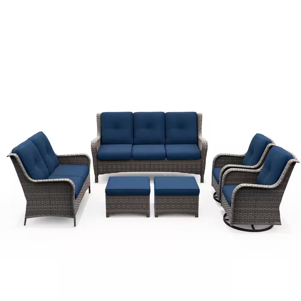 Patio Furniture Set 6-Piece Outdoor Patio Conversation Set with Blue Cushions Lawn Furniture
