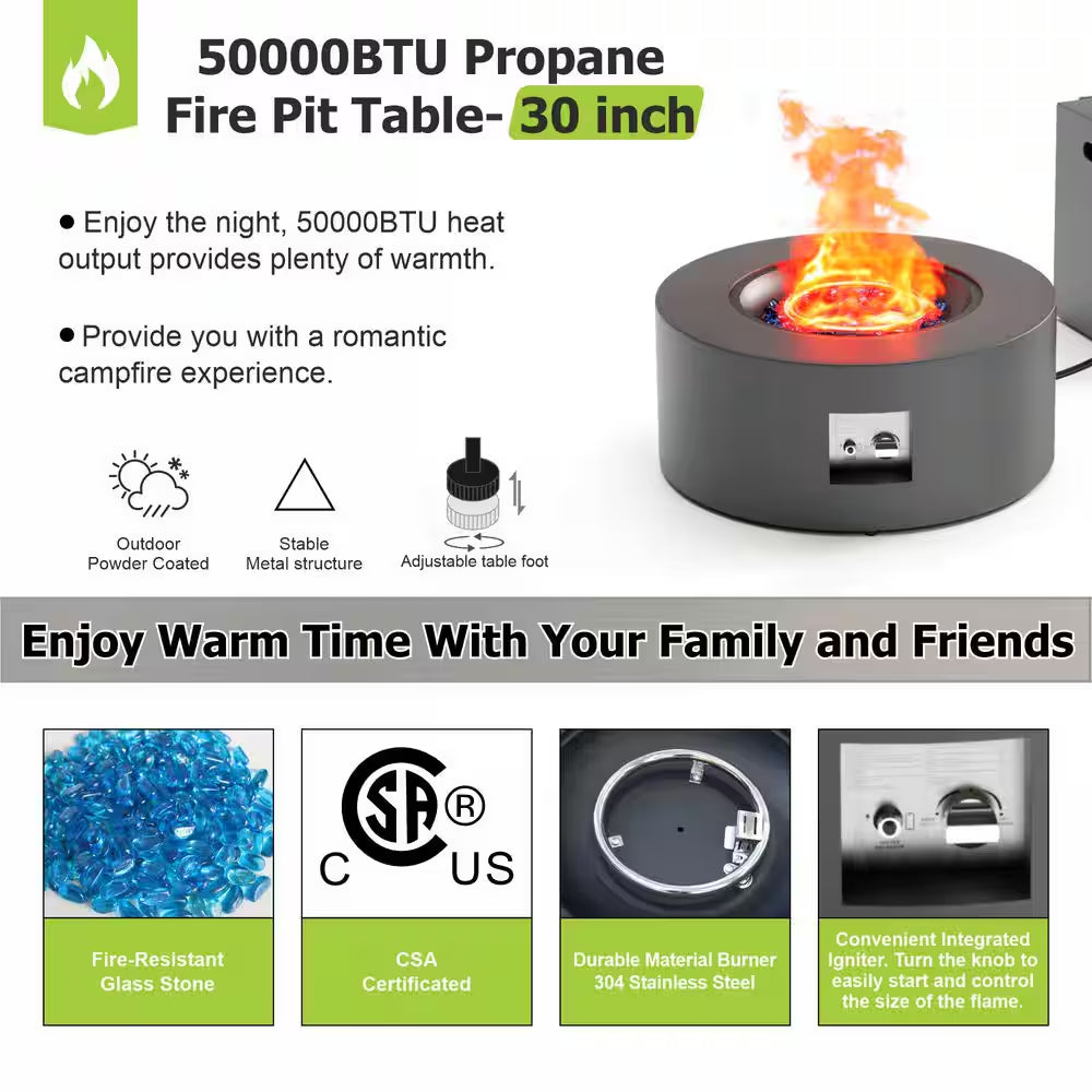 30 In. round Propane Fire Pit Table 50,000 BTU Gray Outdoor Fire Table with Lid, Rocks and Cover-Backyard Fire Pit