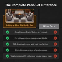 9-Piece Outdoor Patio Furniture Set with Fire Pit Table,Swivel Chairs and 6" Thick Cushions,Sectional Sofa and Ottomans,Patio Conversation Set for Porch Deck Garden Backyard — Comparison