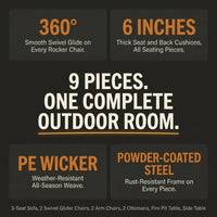 9-Piece Outdoor Patio Furniture Set with Fire Pit Table,Swivel Chairs and 6" Thick Cushions,Sectional Sofa and Ottomans,Patio Conversation Set for Porch Deck Garden Backyard — Results & Stats