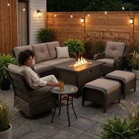 9-Piece Outdoor Patio Furniture Set with Fire Pit Table,Swivel Chairs and 6" Thick Cushions,Sectional Sofa and Ottomans,Patio Conversation Set for Porch Deck Garden Backyard — Lifestyle
