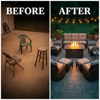 Outdoor Patio Furniture Set Built for All-Season Gathering, Fire Pit Table, Swivel Chairs, 6-Inch Cushions — Before & After
