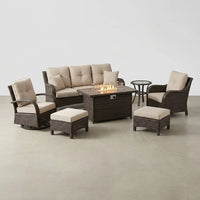 Outdoor Patio Furniture Set Built for All-Season Gathering, Fire Pit Table, Swivel Chairs, 6-Inch Cushions — Studio Shot