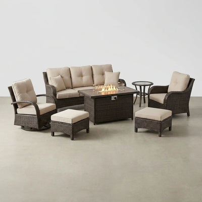 Outdoor Patio Furniture Set Built for All-Season Gathering, Fire Pit Table, Swivel Chairs, 6-Inch Cushions