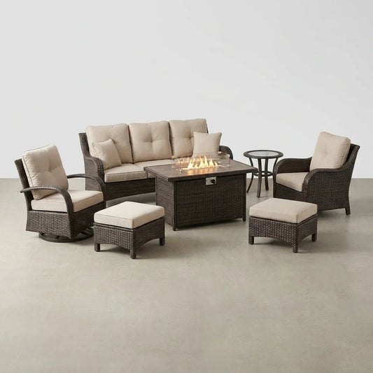 Outdoor Patio Furniture Set Built for All-Season Gathering, Fire Pit Table, Swivel Chairs, 6-Inch Cushions — Studio Shot