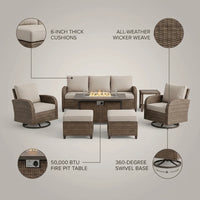Outdoor Patio Furniture Set Built for All-Season Gathering, Fire Pit Table, Swivel Chairs, 6-Inch Cushions — infographic
