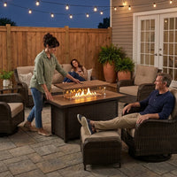 Outdoor Patio Furniture Set Built for All-Season Gathering, Fire Pit Table, Swivel Chairs, 6-Inch Cushions — Lifestyle