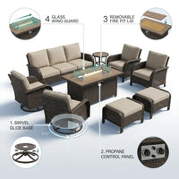 Outdoor Patio Furniture Set Built for All-Season Gathering, Fire Pit Table, Swivel Chairs, 6-Inch Cushions — How It Works