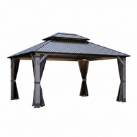 Wood Gazebo Built for Outdoor Gatherings, Cedar Frame, Steel Double Roof, Netting and Curtains, 12x14 ft